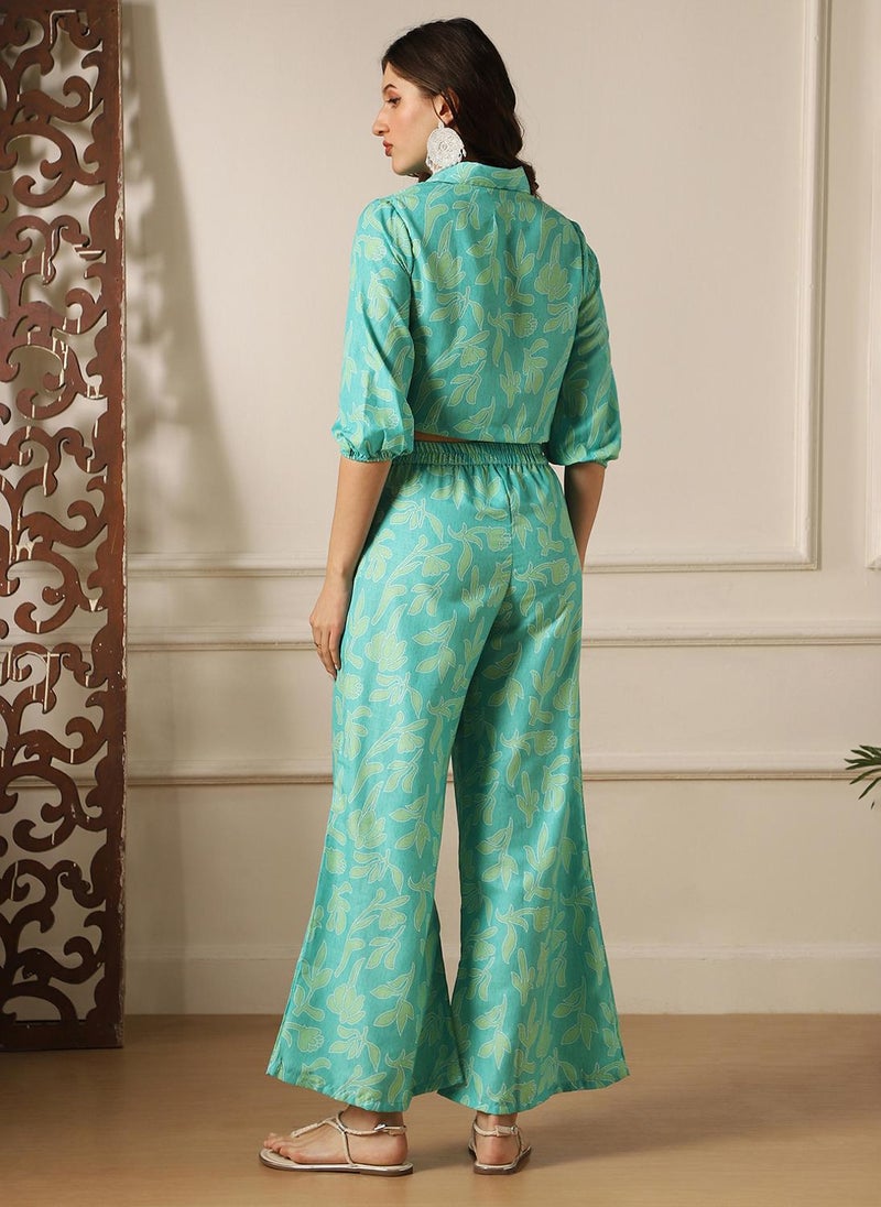 Globus Women Blue Floral Print Bishop Sleeves Crop Shirt & Wide Leg Trousers Fusion Co-Ord Set - Image 4